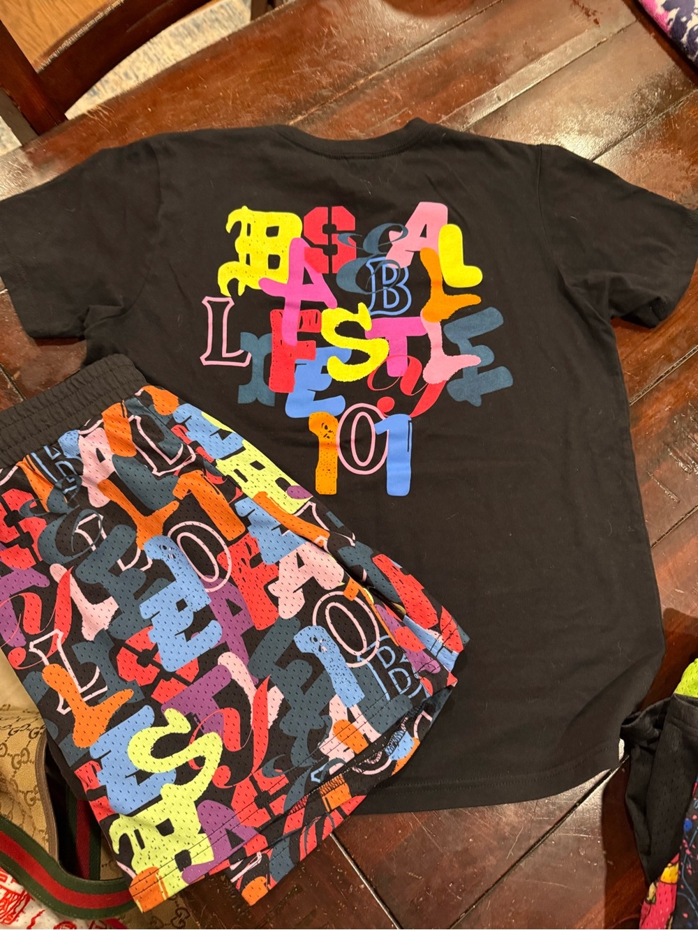 Kids Black Matching Set with Multicolor Letter Print